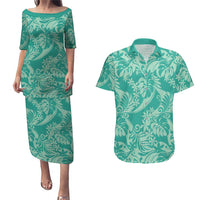 Tahiti Teal Tiare Floral Couples Matching Puletasi and Hawaiian Shirt Monstera Palm Tropical Leaves - Polynesian Pride