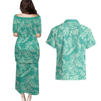 Tahiti Teal Tiare Floral Couples Matching Puletasi and Hawaiian Shirt Monstera Palm Tropical Leaves - Polynesian Pride