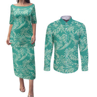 Tahiti Teal Tiare Floral Couples Matching Puletasi and Long Sleeve Button Shirt Monstera Palm Tropical Leaves - Polynesian Pride