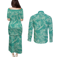 Tahiti Teal Tiare Floral Couples Matching Puletasi and Long Sleeve Button Shirt Monstera Palm Tropical Leaves - Polynesian Pride