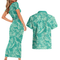 Tahiti Teal Tiare Floral Couples Matching Short Sleeve Bodycon Dress and Hawaiian Shirt Monstera Palm Tropical Leaves - Polynesian Pride