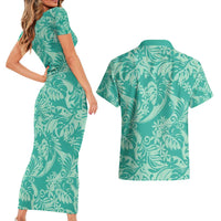 Tahiti Teal Tiare Floral Couples Matching Short Sleeve Bodycon Dress and Hawaiian Shirt Monstera Palm Tropical Leaves - Polynesian Pride