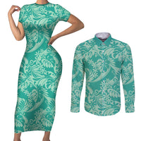 Tahiti Teal Tiare Floral Couples Matching Short Sleeve Bodycon Dress and Long Sleeve Button Shirt Monstera Palm Tropical Leaves - Polynesian Pride