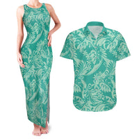 Tahiti Teal Tiare Floral Couples Matching Tank Maxi Dress and Hawaiian Shirt Monstera Palm Tropical Leaves - Polynesian Pride