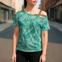 Tahiti Teal Tiare Floral Cross Shoulder Shirt Monstera Palm Tropical Leaves - Polynesian Pride