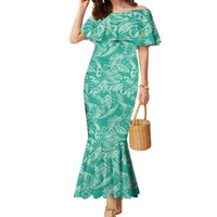Tahiti Teal Tiare Floral Family Matching Mermaid Dress and Hawaiian Shirt Monstera Palm Tropical Leaves - Polynesian Pride