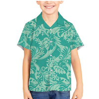 Tahiti Teal Tiare Floral Family Matching Mermaid Dress and Hawaiian Shirt Monstera Palm Tropical Leaves - Polynesian Pride