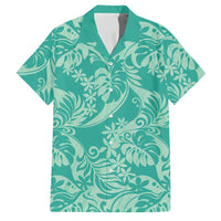 Tahiti Teal Tiare Floral Family Matching Off The Shoulder Long Sleeve Dress and Hawaiian Shirt Monstera Palm Tropical Leaves - Polynesian Pride