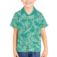 Tahiti Teal Tiare Floral Family Matching Off The Shoulder Long Sleeve Dress and Hawaiian Shirt Monstera Palm Tropical Leaves - Polynesian Pride