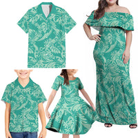 Tahiti Teal Tiare Floral Family Matching Off Shoulder Maxi Dress and Hawaiian Shirt Monstera Palm Tropical Leaves - Polynesian Pride