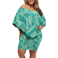 Tahiti Teal Tiare Floral Family Matching Off Shoulder Short Dress and Hawaiian Shirt Monstera Palm Tropical Leaves - Polynesian Pride