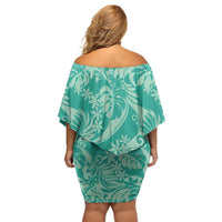 Tahiti Teal Tiare Floral Family Matching Off Shoulder Short Dress and Hawaiian Shirt Monstera Palm Tropical Leaves - Polynesian Pride