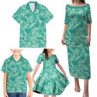 Tahiti Teal Tiare Floral Family Matching Puletasi and Hawaiian Shirt Monstera Palm Tropical Leaves - Polynesian Pride