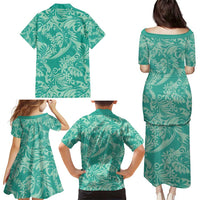 Tahiti Teal Tiare Floral Family Matching Puletasi and Hawaiian Shirt Monstera Palm Tropical Leaves - Polynesian Pride