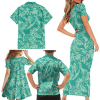 Tahiti Teal Tiare Floral Family Matching Short Sleeve Bodycon Dress and Hawaiian Shirt Monstera Palm Tropical Leaves - Polynesian Pride