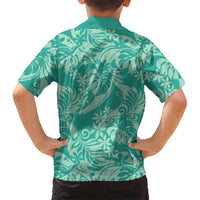 Tahiti Teal Tiare Floral Family Matching Summer Maxi Dress and Hawaiian Shirt Monstera Palm Tropical Leaves - Polynesian Pride