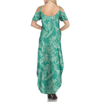 Tahiti Teal Tiare Floral Family Matching Summer Maxi Dress and Hawaiian Shirt Monstera Palm Tropical Leaves - Polynesian Pride