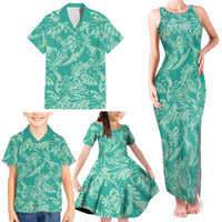 Tahiti Teal Tiare Floral Family Matching Tank Maxi Dress and Hawaiian Shirt Monstera Palm Tropical Leaves - Polynesian Pride