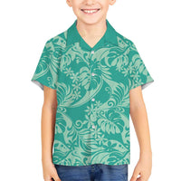 Tahiti Teal Tiare Floral Kid Hawaiian Shirt Monstera Palm Tropical Leaves - Polynesian Pride