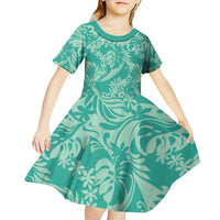 Tahiti Teal Tiare Floral Kid Short Sleeve Dress Monstera Palm Tropical Leaves - Polynesian Pride