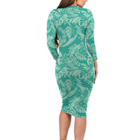 Tahiti Teal Tiare Floral Long Sleeve Bodycon Dress Monstera Palm Tropical Leaves - Polynesian Pride