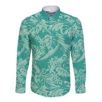 Tahiti Teal Tiare Floral Long Sleeve Button Shirt Monstera Palm Tropical Leaves - Polynesian Pride