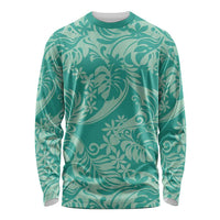 Tahiti Teal Tiare Floral Long Sleeve Shirt Monstera Palm Tropical Leaves - Polynesian Pride