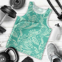 Tahiti Teal Tiare Floral Men Tank Top Monstera Palm Tropical Leaves - Polynesian Pride