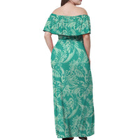 Tahiti Teal Tiare Floral Off Shoulder Maxi Dress Monstera Palm Tropical Leaves - Polynesian Pride