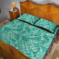 Tahiti Teal Tiare Floral Quilt Bed Set Monstera Palm Tropical Leaves - Polynesian Pride