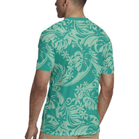 Tahiti Teal Tiare Floral Rugby Jersey Monstera Palm Tropical Leaves - Polynesian Pride