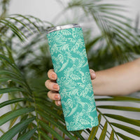 Tahiti Teal Tiare Floral Skinny Tumbler Monstera Palm Tropical Leaves - Polynesian Pride