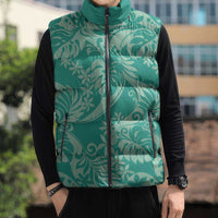 Tahiti Teal Tiare Floral Sleeveless Puffer Jacket Monstera Palm Tropical Leaves - Polynesian Pride