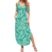 Tahiti Teal Tiare Floral Summer Maxi Dress Monstera Palm Tropical Leaves - Polynesian Pride
