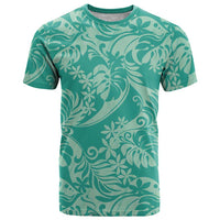 Tahiti Teal Tiare Floral T Shirt Monstera Palm Tropical Leaves - Polynesian Pride