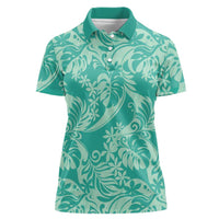 Tahiti Teal Tiare Floral Women Polo Shirt Monstera Palm Tropical Leaves - Polynesian Pride