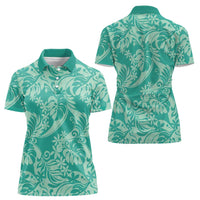 Tahiti Teal Tiare Floral Women Polo Shirt Monstera Palm Tropical Leaves - Polynesian Pride