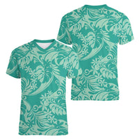 Tahiti Teal Tiare Floral Women V-Neck T-Shirt Monstera Palm Tropical Leaves - Polynesian Pride