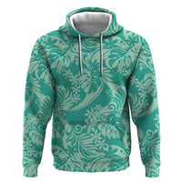 Tahiti Teal Tiare Floral Zip Hoodie Monstera Palm Tropical Leaves - Polynesian Pride