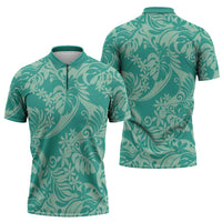 Tahiti Teal Tiare Floral Zipper Polo Shirt Monstera Palm Tropical Leaves - Polynesian Pride