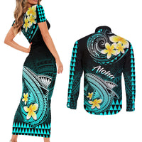 Hawaii Couples Matching Short Sleeve Bodycon Dress and Long Sleeve Button Shirts Polynesian Shark with Kakau Turquoise Version LT01 - Polynesian Pride