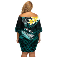 Hawaii Off Shoulder Short Dress Polynesian Shark with Kakau Turquoise Version LT01 - Polynesian Pride