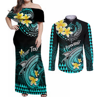 Personalised Hawaii Couples Matching Off Shoulder Maxi Dress and Long Sleeve Button Shirts Polynesian Shark with Kakau Turquoise Version LT01 Turquoise - Polynesian Pride