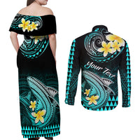 Personalised Hawaii Couples Matching Off Shoulder Maxi Dress and Long Sleeve Button Shirts Polynesian Shark with Kakau Turquoise Version LT01 - Polynesian Pride