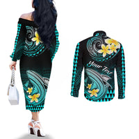 Personalised Hawaii Couples Matching Off The Shoulder Long Sleeve Dress and Long Sleeve Button Shirts Polynesian Shark with Kakau Turquoise Version LT01 - Polynesian Pride