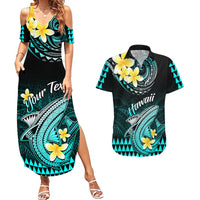 Personalised Hawaii Couples Matching Summer Maxi Dress and Hawaiian Shirt Polynesian Shark with Kakau Turquoise Version LT01 Turquoise - Polynesian Pride