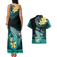 Personalised Hawaii Couples Matching Tank Maxi Dress and Hawaiian Shirt Polynesian Shark with Kakau Turquoise Version LT01 - Polynesian Pride