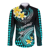 Personalised Hawaii Long Sleeve Button Shirt Polynesian Shark with Kakau Turquoise Version LT01 Unisex Turquoise - Polynesian Pride