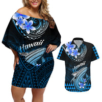 Hawaii Couples Matching Off Shoulder Short Dress and Hawaiian Shirt Polynesian Shark with Kakau Blue Version LT01 Blue - Polynesian Pride