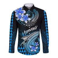 Hawaii Long Sleeve Button Shirt Polynesian Shark with Kakau Blue Version LT01 Unisex Blue - Polynesian Pride